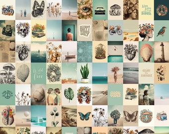 Collage Kit Prints, 77 PCS Retro Aesthetic Photo Collage Kit, Vintage boho Wall Art, Cottagecore Grunge Wall Decor, Hippie Digital Download