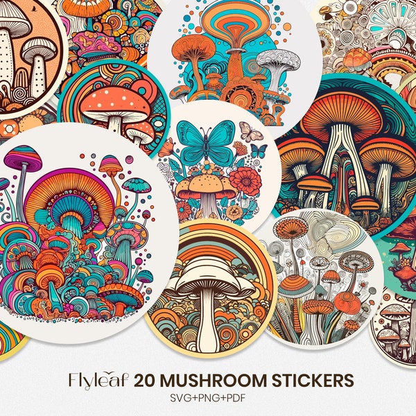 Mushrooms Stickers SVG, 20 Retro Digital Stickers bundle, PNG Printable stickers, Groovy Mushroom Clipart, Tshirt Sublimation, Hippie Soul