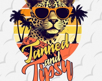 Tanned and Tipsy Retro Summer png, Tshirt Sublimation design, Trendy png Digital Download T shirt,  Leopard png Clipart, Leopard tshirt