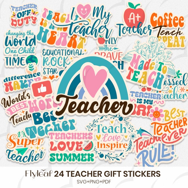 Teacher SVG Bundle, 24 Retro Stickers Bundle, Love Teacher svg, Teacher T shirt sublimation, Gift for Teacher png, Teacher appreciation