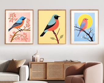 Vogel Wandkunst 3er Set druckbare Kunst, trendige Drucke, bunte Kunstdrucke, Mid Century Vogelkunst, Vogeldekor druckbare Wandkunst, Gartenvogel