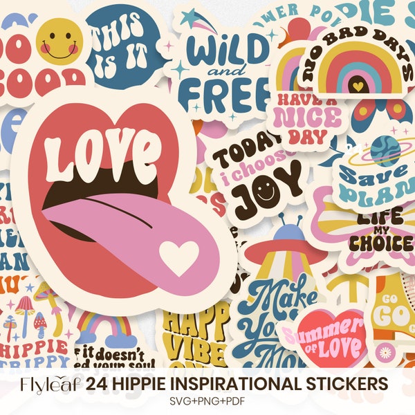 Hippie Stickers, 24 Boho Digital Stickers SVG Bundle, PNG Printable Stickers, Positive Quotes, Motivational Quotes, T-shirt Sublimation