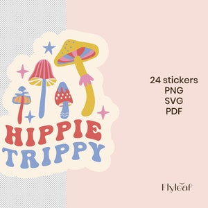 Hippie Stickers, 24 Boho Digital Stickers SVG Bundle, PNG Printable Stickers, Positive Quotes, Motivational Quotes, T-shirt Sublimation image 3
