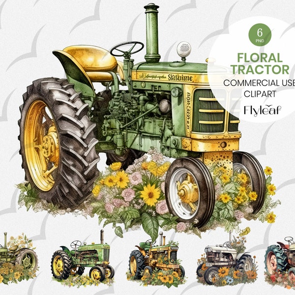 Farm Tractor Clipart Bundle, 6 Transparent PNG, Vintage Floral Tractor, Farm Nursery Decor, Boys t shirt Sublimation, Commercial License