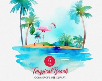 Tropical Beach Clipart Bundle, 6 Transparent PNG, Wedding Invitation Clipart, Watercolor landscape, Digital Paper, Flamingo, Commercial Use