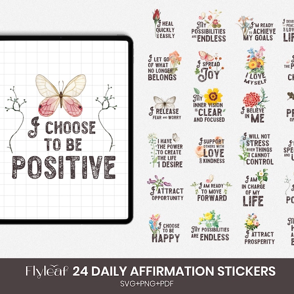 Daily Affirmation Stickers, 24 Digital Stickers SVG bundle, PNG Printable stickers, Positive Quotes, Digital Planner Stickers, Work Planner