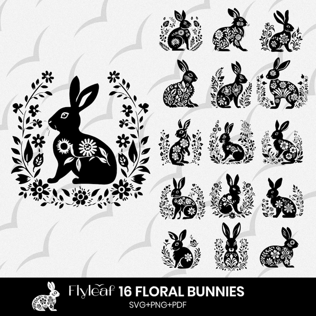 Floral Bunny SVG Bundle, 16 Rabbit Silhouette for Cricut and Cut File ...