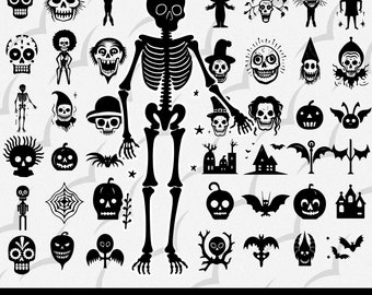 May include: A set of 42 black and white Halloween SVG files. The images include a skeleton, pumpkins, bats, ghosts, witches, and more. Flyleaf 42 HALLOWEEN SVG BUNDLE SVG+PNG+PDF
