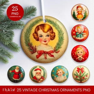 Christmas Ornaments, 25 PNG Digital Download, Vintage Christmas round ornament sublimation, Christmas png bundle, Farmhouse ornament clipart