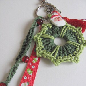 Handmade crochet Christmas bag charm in cotton and textiles green crown