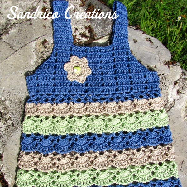 Robe à bretelles fillette 4 ans tricotée main au crochet en coton bleu et vert