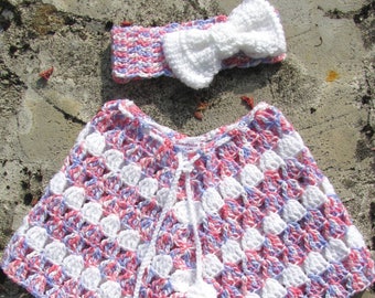 Poncho et bandeau gros noeud pour bébé 24 mois tricoté main au crochet