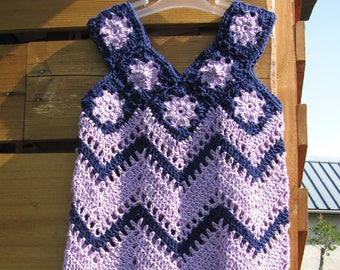 Robe à bretelles coton tricotée au crochet 5/6 ans mauve bleu