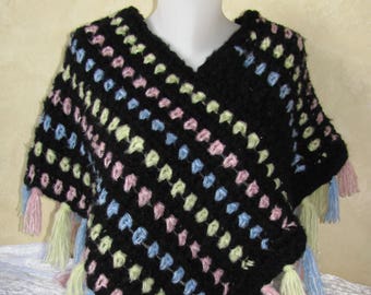 Poncho woman knitted hand crochet in soft wool stripes and fringes