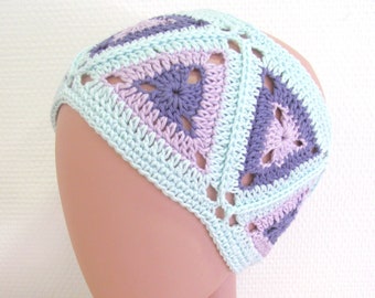 Bandeau large serre-tête tricoté main au crochet en coton de couleurs pastels motifs triangles assemblés