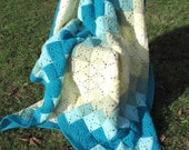 Turquoise and yellow blanket knitted hand crochet bedspread 2 places