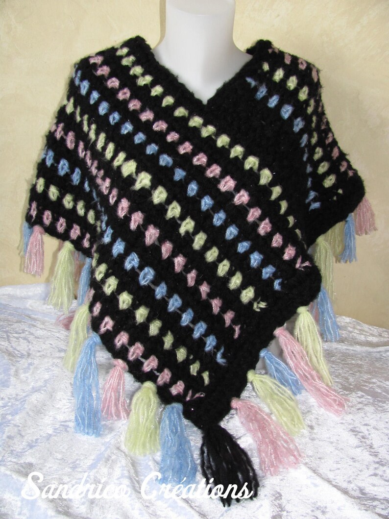 Poncho woman knitted hand crochet in soft wool stripes and fringes image 1