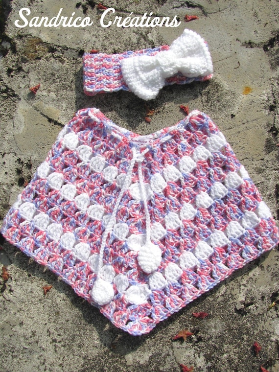 Poncho Et Bandeau Gros Noeud Pour Bebe 24 Mois Tricote Main Au Etsy France