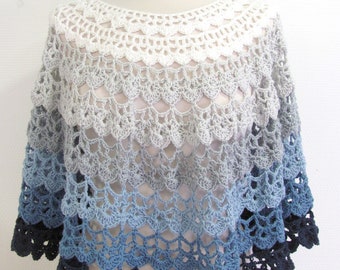 Elegant poncho shoulder covering in hand-knitted crochet cotton with blue-grey white lace patterns