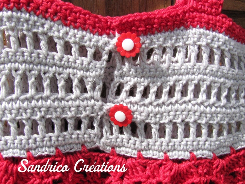 Robe à bretelles réglables fillette tricotée main au crochet en coton et bambou rouge et gris image 6