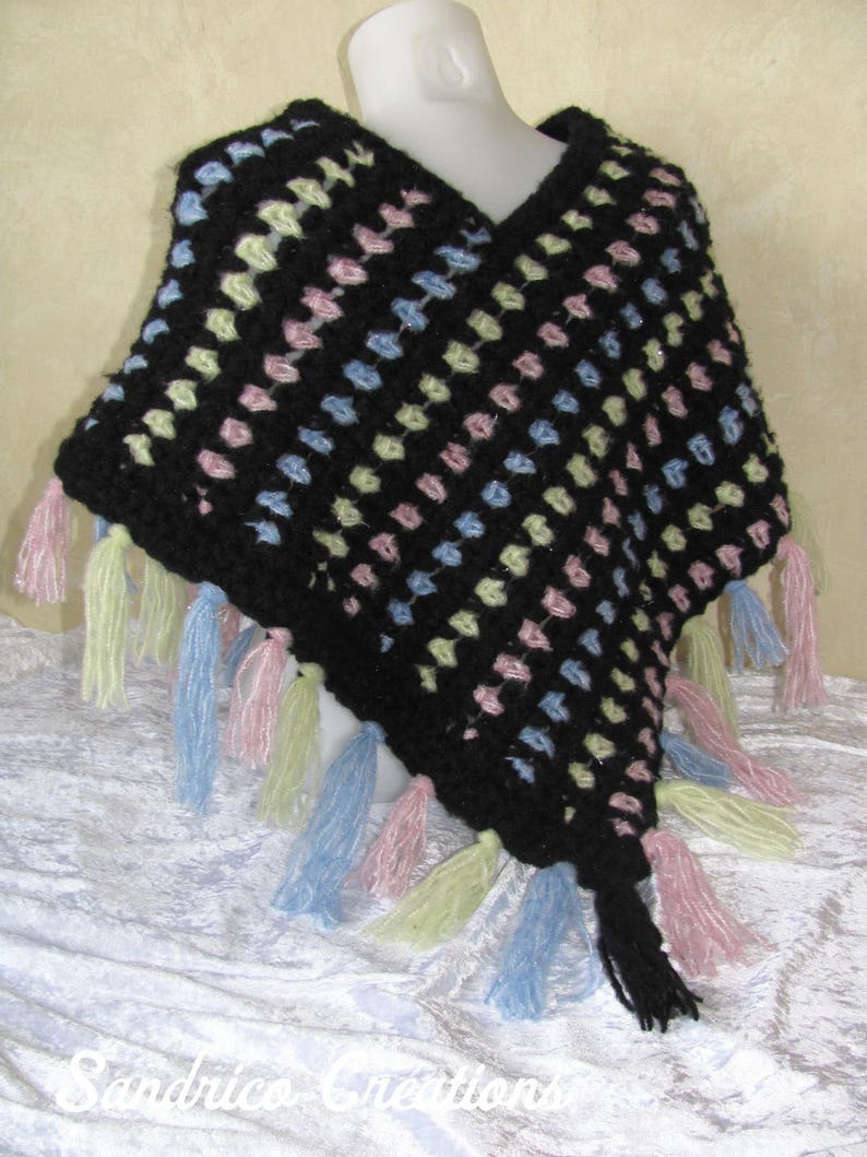 Poncho woman knitted hand crochet in soft wool stripes and fringes image 3