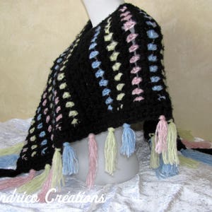 Poncho woman knitted hand crochet in soft wool stripes and fringes image 2