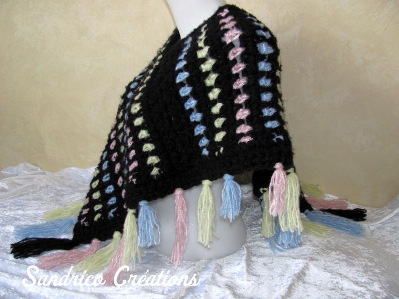 Poncho woman knitted hand crochet in soft wool stripes and fringes image 2