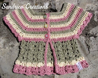 Chaqueta de manga corta de 9 meses de edad de punto crochet a mano en algodón egipcio perlado