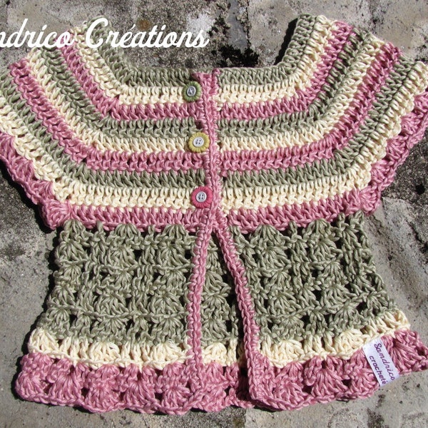 Veste manches courtes fillette 9 mois tricotée main au crochet en coton égyptien nacré