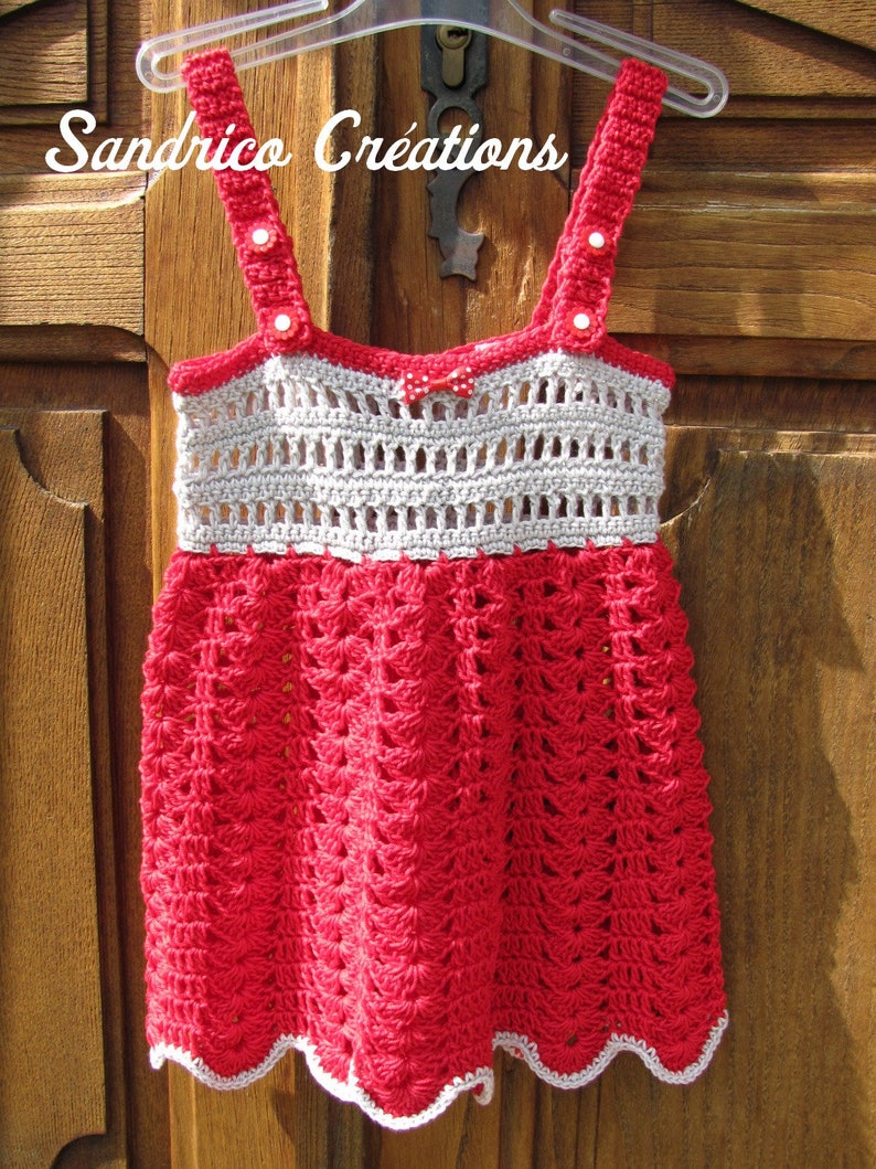 Robe à bretelles réglables fillette tricotée main au crochet en coton et bambou rouge et gris image 2