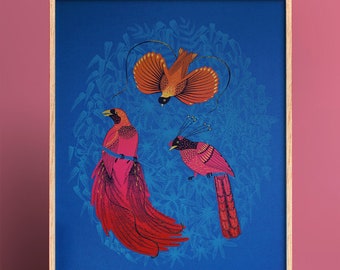 Screenprint "Paradise birds" on blue papier