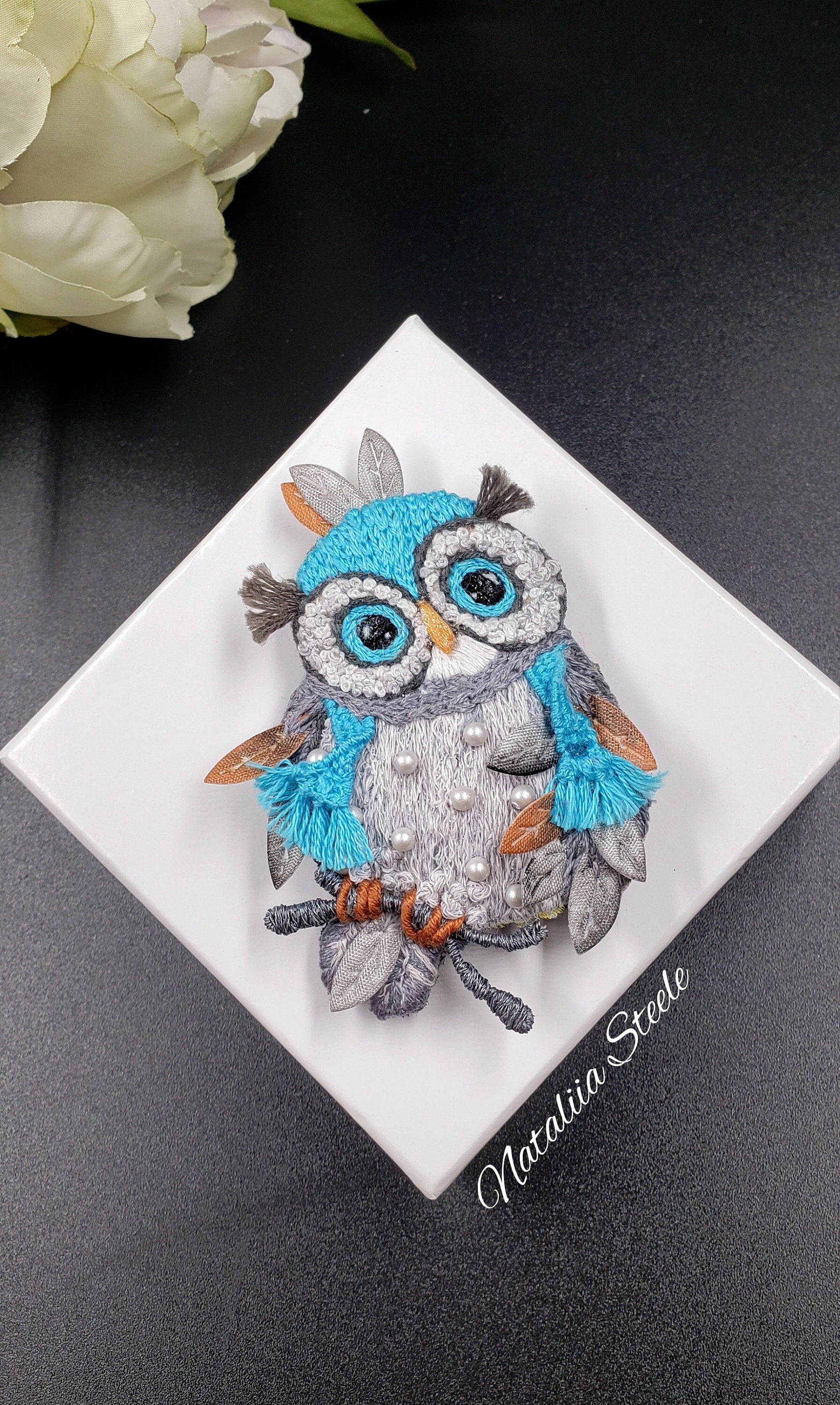 Owl Brooch, Embroidered Handmade Unique Brooch, Funny Owl, Great Gift, Owl embroidery brooch