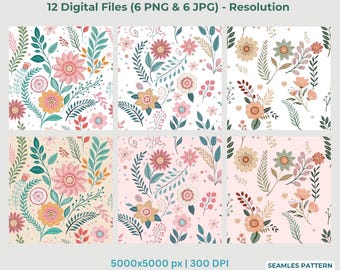 Seamless Floral Pattern Bundle, Boho Digital Paper Pack, Pastel Spring Flowers, Commercial Use Fabric Design, 300 DPI High Res Background