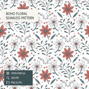Puede incluir: Patrón floral sin costuras con flores estilizadas en coral y blanco, hojas verdes y pequeños puntos azules y coral sobre fondo blanco. Se muestra el texto "BOHO FLORAL SEAMLESS PATTERN".