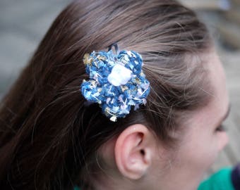 Blue and Gold Speckle Flower Hair Clips