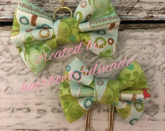 Winter Whimsy Green Trees Fabric Bow Charm, Fabric Bow Paper Clip, Traveler's Notebook Bow Charm, Planner Bow Charm