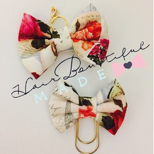 Paris Postcard Fabric Bow Charm, Fabric Bow Paper Clip, Traveler's Notebook Bow Charm, Planner Bow Charm