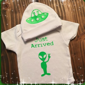 Alien ONESIE® / Roswell Alien Infant Creeper/ TWO piece outfit! / Halloween ONESIE®/ Just Arrived Baby Crawler !!! / Unique Baby Shower Gift image 1