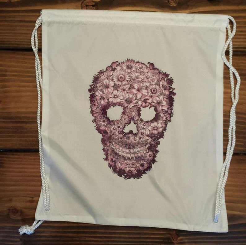 Purple Flower Sugar Skull Backpack Sugar Skull DrawstringSugar Skull Book Bag Dia de los Muertos Back to School Skull Candy