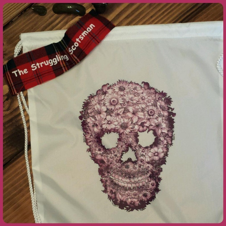 Purple Flower Sugar Skull Backpack Sugar Skull DrawstringSugar Skull Book Bag Dia de los Muertos Back to School Skull Candy