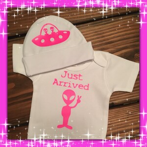 Alien ONESIE® / Roswell Alien Infant Creeper/ TWO piece outfit! / Halloween ONESIE®/ Just Arrived Baby Crawler !!! / Unique Baby Shower Gift image 5