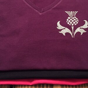 Scottish women&#39;s v-neck t-shirt with silver glitter thistle, Celtic clothing, unique Scottish apparel