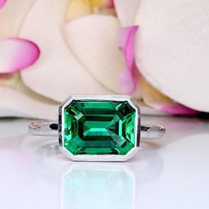East West Bezel Set Emerald Ring 14K Solid Gold, Birthstone Ring For Women, Emerald Bezel Set Ring Emerald Cut Emerald Engagement Ring #7114