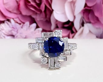 Blue Sapphire and Lab Diamond Geometric Ring 14K Solid Gold, Blue Sapphire Cluster Ring September Birthstone   #8779