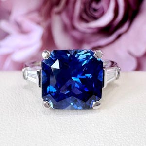 Radiant Cut Blue Sapphire Engagement Ring 14K Solid Gold , Lab Grown Diamond Baguette Accents , September Birthstone Jewelry For Her   #8317