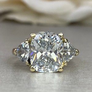 Moissanite Cushion Cut Engagement Ring With Trillions in 14k Yellow ...