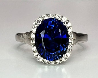 Oval Blue Sapphire Engagement Ring, Diamond Halo Ring, Sapphire And Diamond Ring, 14k White Gold / #5483