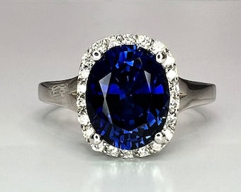 Oval Blue Sapphire Engagement Ring, Diamond Halo Ring, Sapphire And Diamond Ring, 14k White Gold / #5483