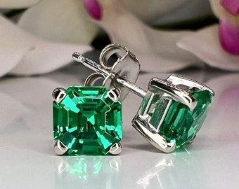 May Birthstone Earrings, Ladies Earrings, Asscher Emerald Studs, 14k Gold Earrings, Mothers Day, Birthday Gift, Infinity Jewelers USA #5519