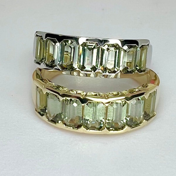 Olive green sapphire wedding band 14k white or yellow gold seven stone wedding bands, unique emerald cut olive green sapphire stacking #7810